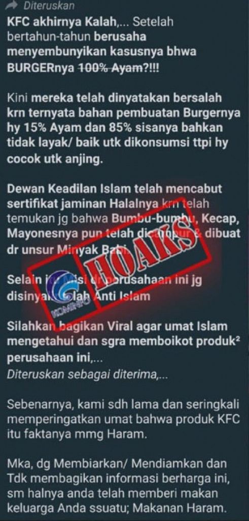 [HOAKS] Bahan Pembuatan Burger Ayam KFC Mengandung Babi